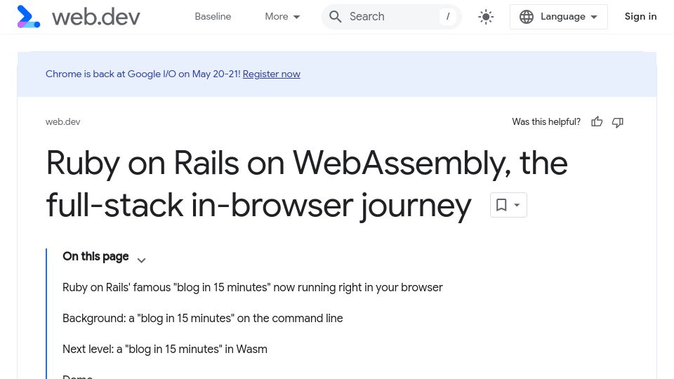 Screenshot of web.dev: Run Ruby on Rails in the browser using WebAssembly