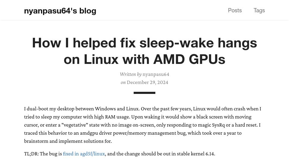 Screenshot of nyanpasu64.gitlab.io: I helped fix sleep-wake hangs on Linux with AMD GPUs