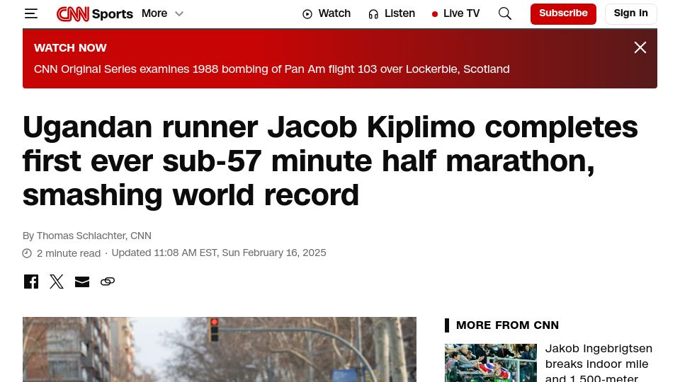 Screenshot of cnn.com: Ugandan runner Jacob Kiplimo completes first ever sub-57 minute half marathon
