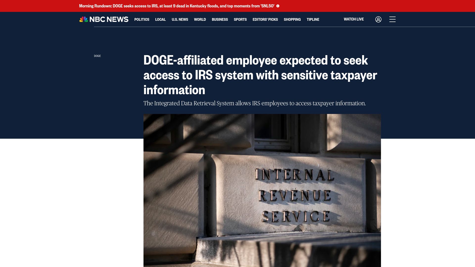 Screenshot of nbcnews.com: Doge-affiliated employee expected to seek access to IRS system
