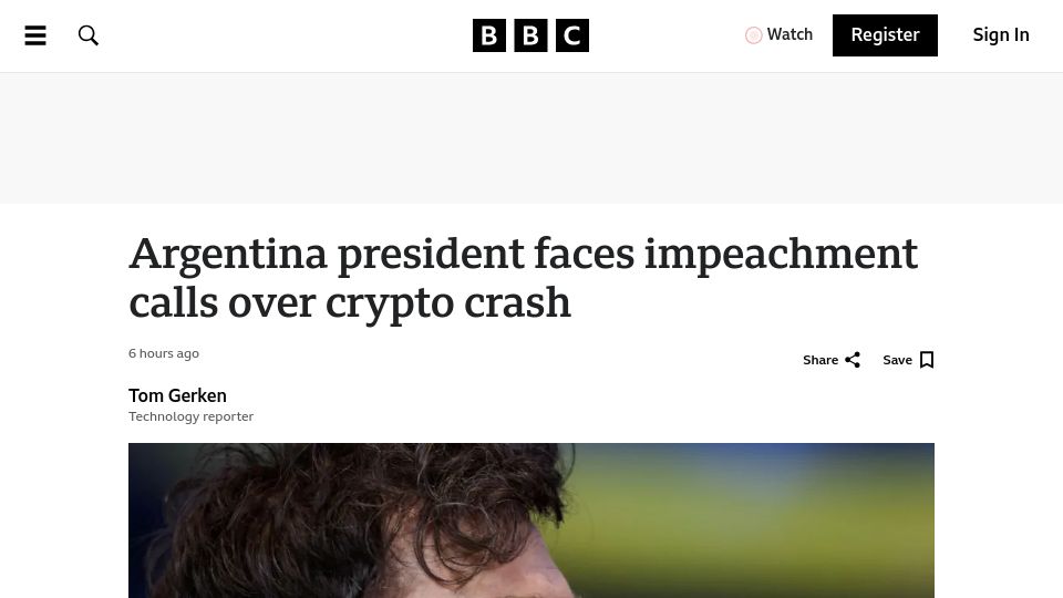 Screenshot of bbc.com: Argentina president faces impeachment calls over crypto crash
