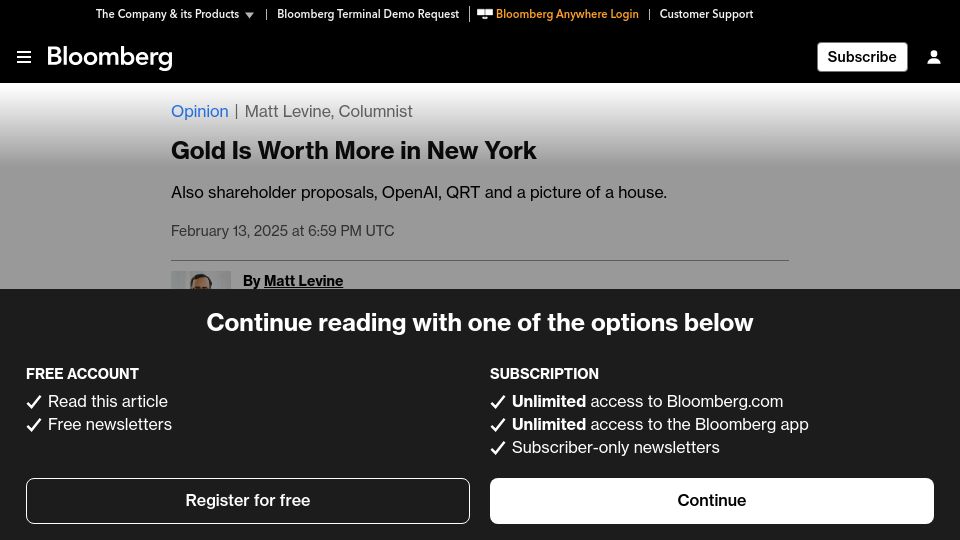 Screenshot of bloomberg.com: Gold Is Worth More in New York