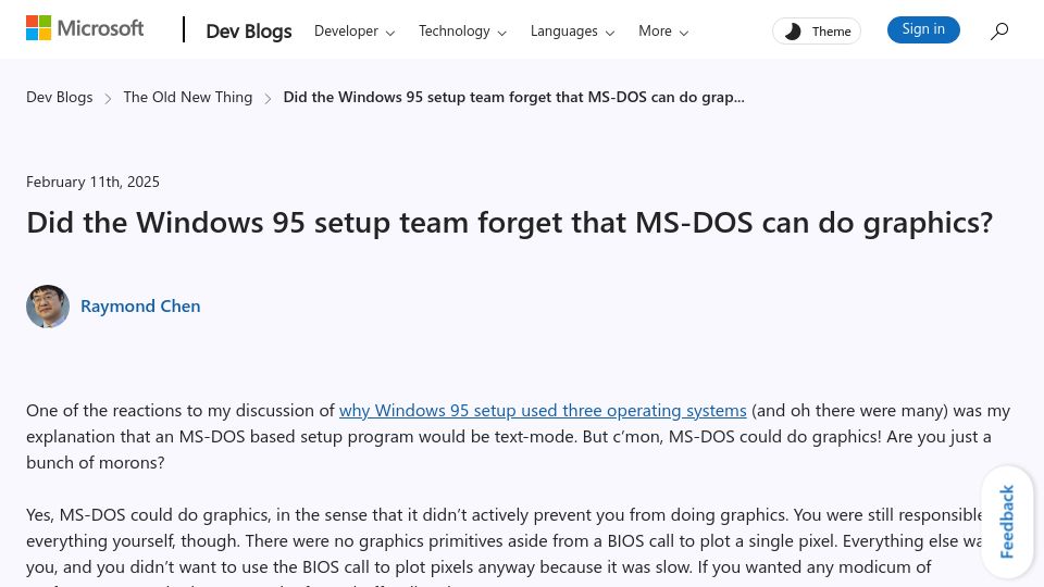Screenshot of devblogs.microsoft.com: Did the Windows 95 setup team forget that MS-DOS can do graphics?