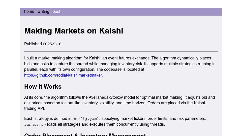 Screenshot of rlafuente.com: Making Markets on Kalshi