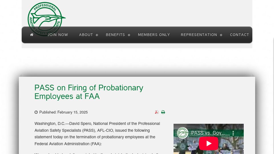 Screenshot of passnational.org: PASS on Firing of Probationary Employees at FAA