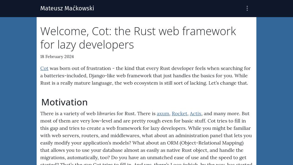 Screenshot of mackow.ski: Show HN: Cot: a Rust web framework for lazy developers