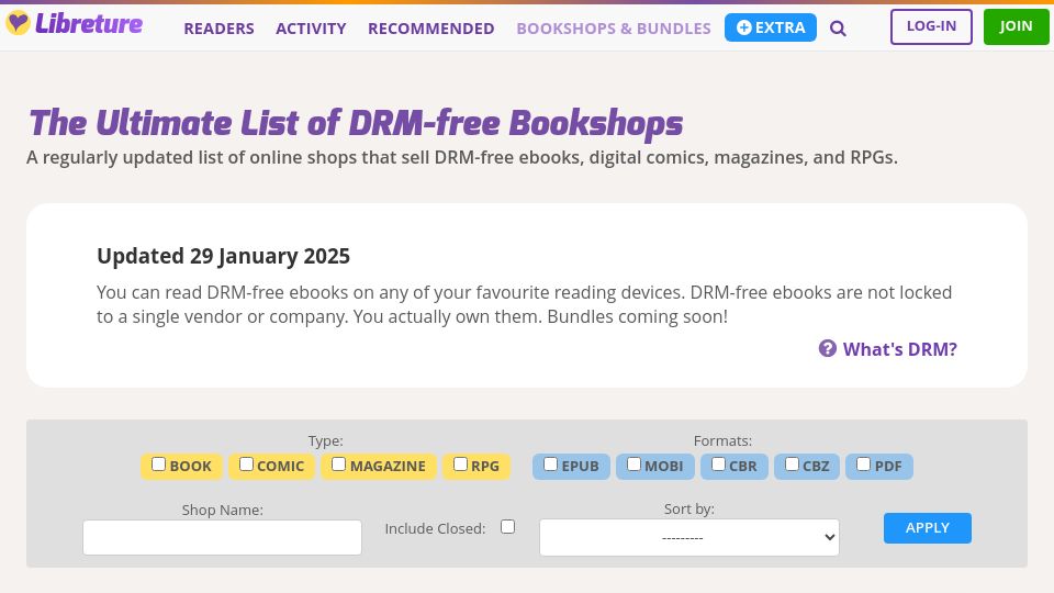 Screenshot of libreture.com: List of DRM-Free Bookshops