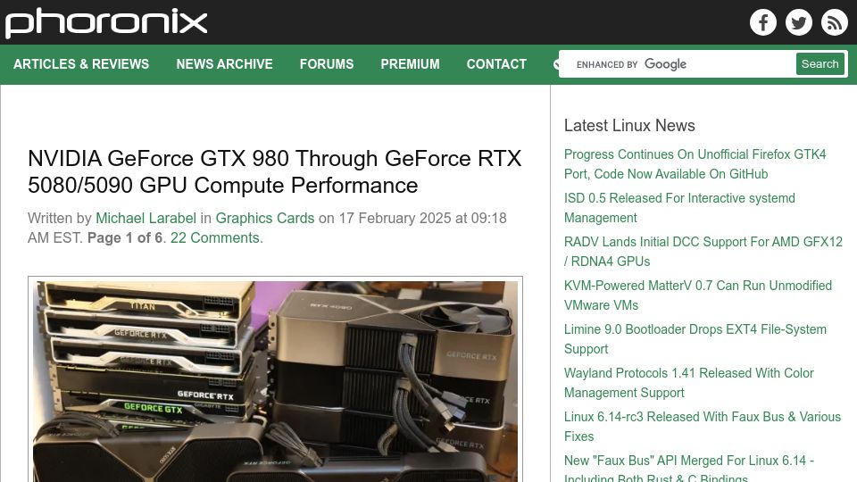Screenshot of phoronix.com: Nvidia GeForce GTX 980 Through GeForce RTX 5080/5090 GPU Compute Performance