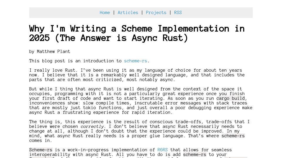 Screenshot of maplant.com: Why I'm writing a Scheme implementation in 2025: Async Rust