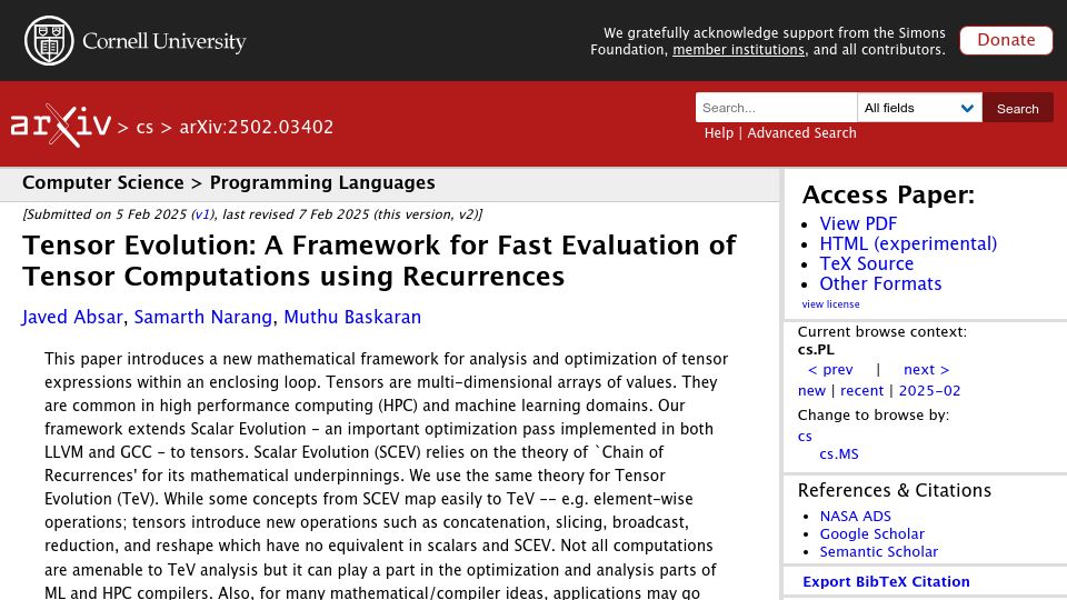Screenshot of arxiv.org: Tensor evolution: A framework for fast tensor computations using recurrences
