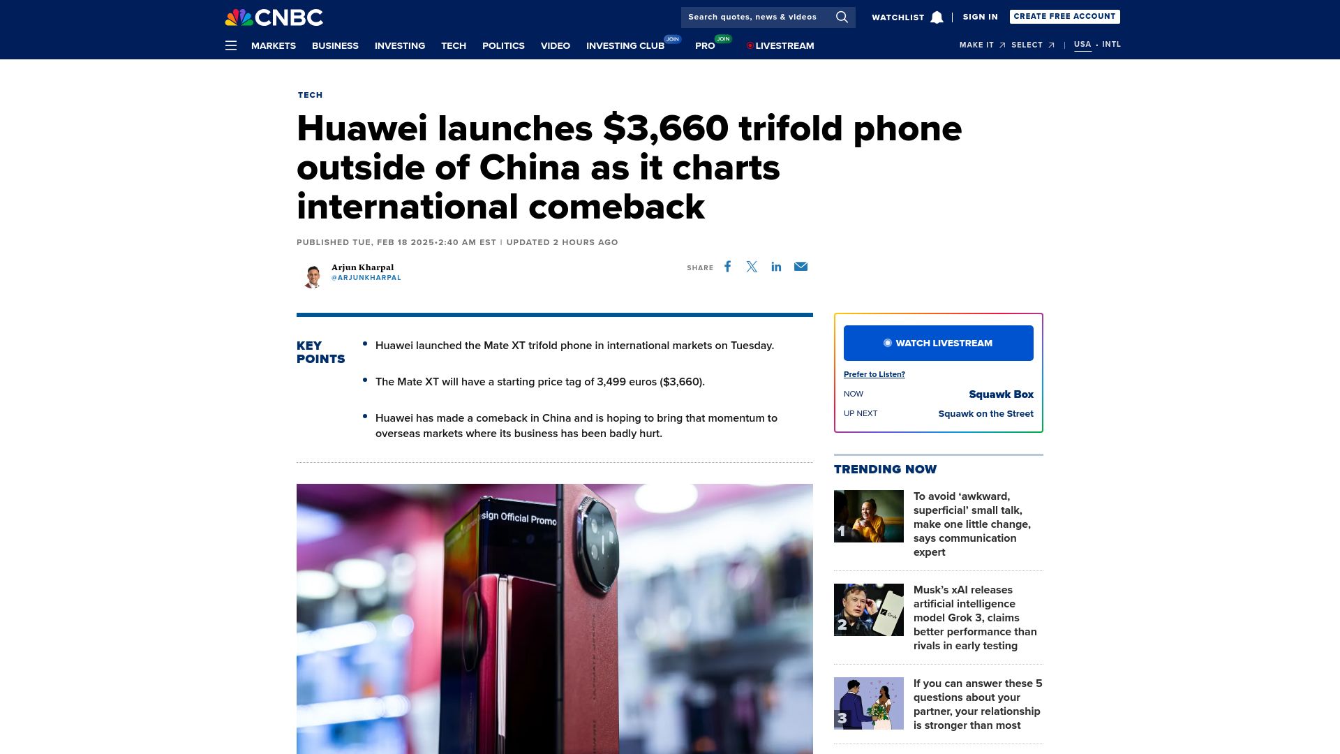 Screenshot of cnbc.com: Huawei launches $3,660 trifold phone