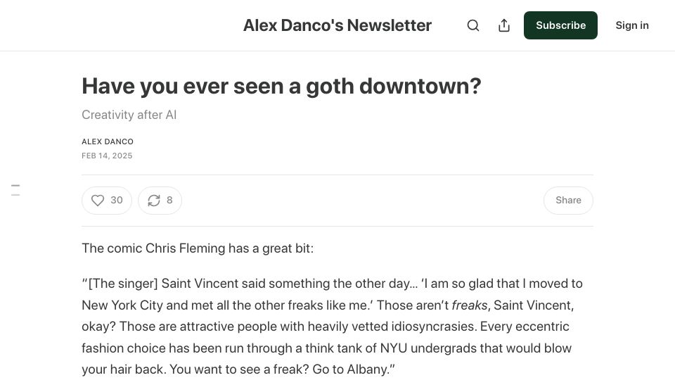 Screenshot of danco.substack.com: Have you ever seen a goth downtown?