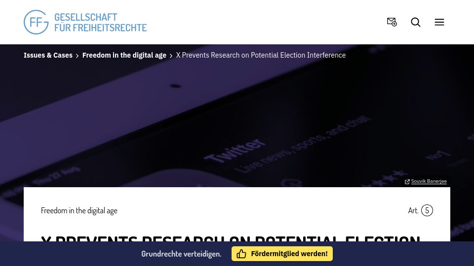 Screenshot of freiheitsrechte.org: X Prevents Research on Potential Election Interference