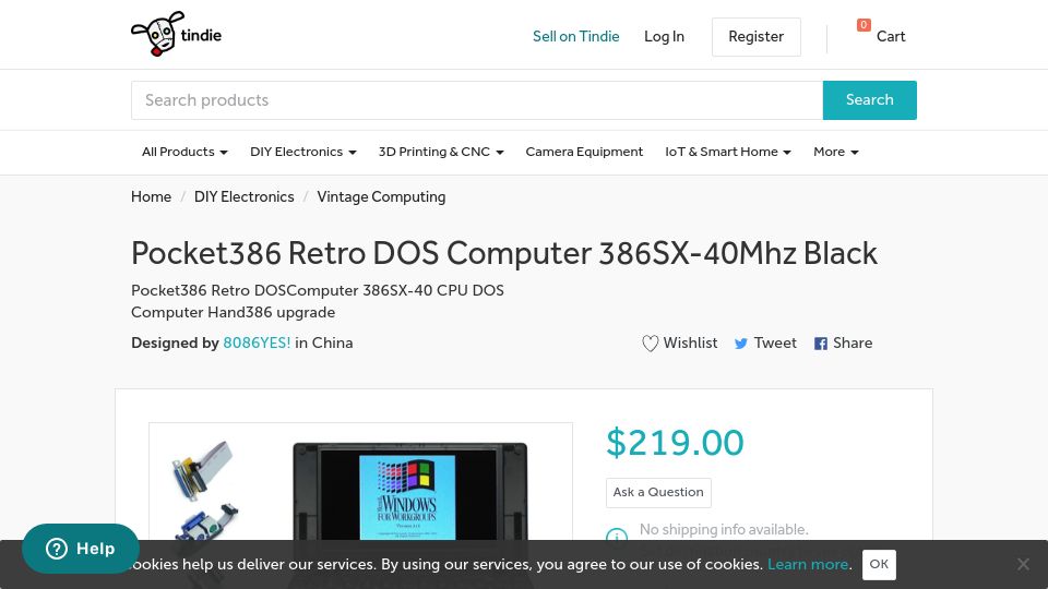 Screenshot of tindie.com: Pocket386 Retro DOS Computer 386SX-40Mhz