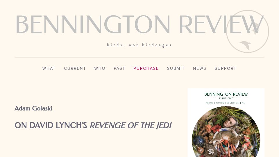 Screenshot of benningtonreview.org: On David Lynch's Revenge of the Jedi (2018)