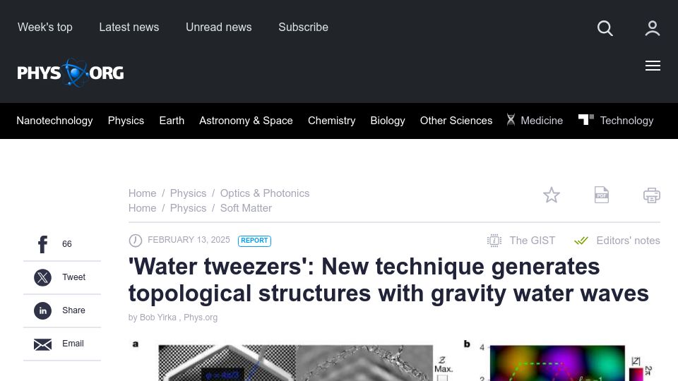 Screenshot of phys.org: New technique generates topological structures with gravity water waves