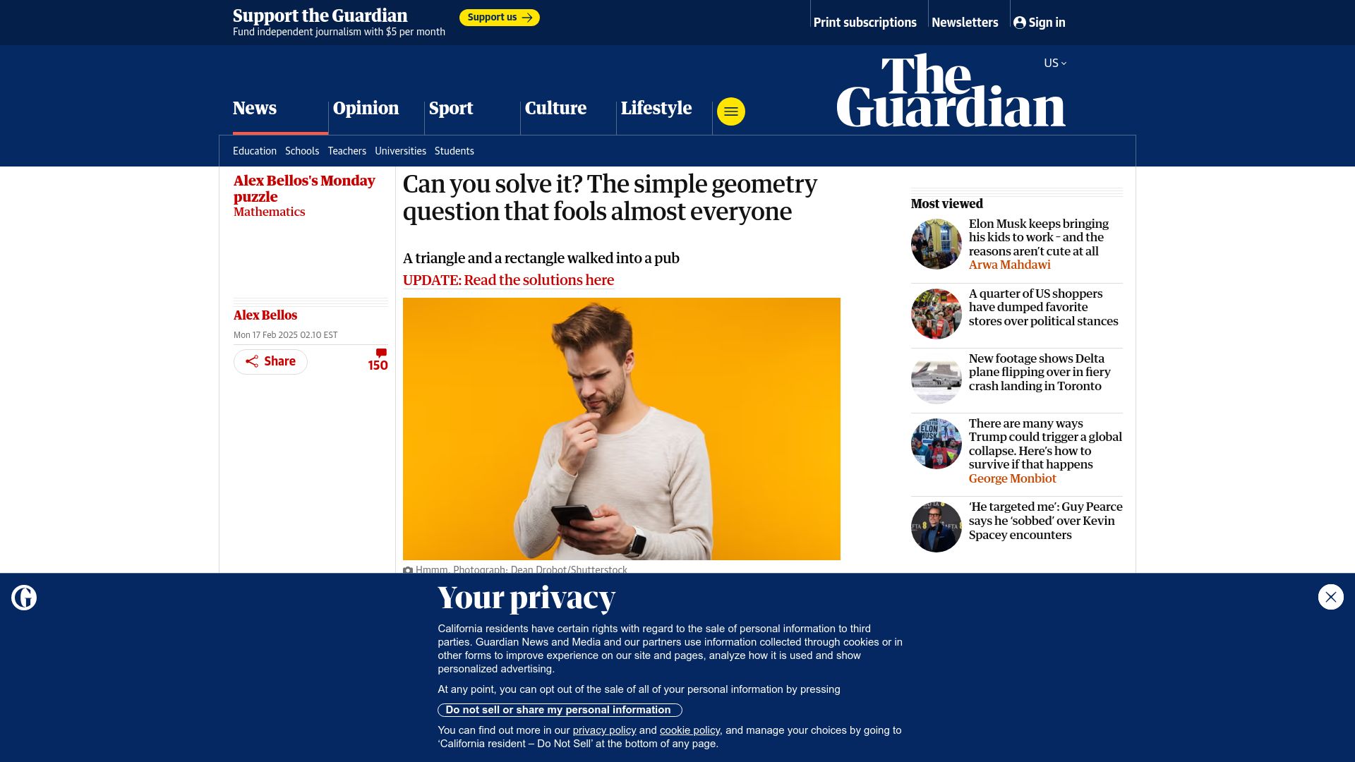 Screenshot of theguardian.com: A simple geometry question that fools almost everyone
