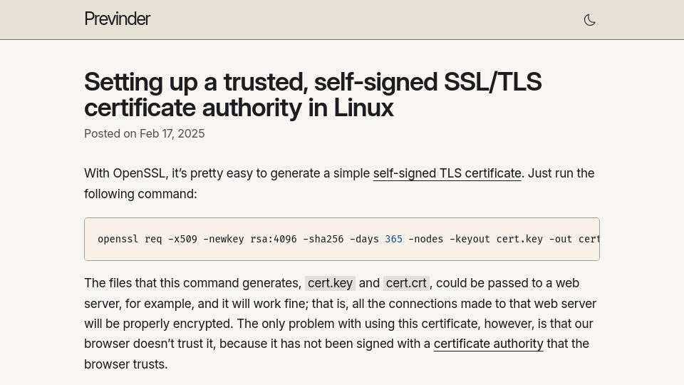 Screenshot of previnder.com: Setting up a trusted, self-signed SSL/TLS certificate authority in Linux