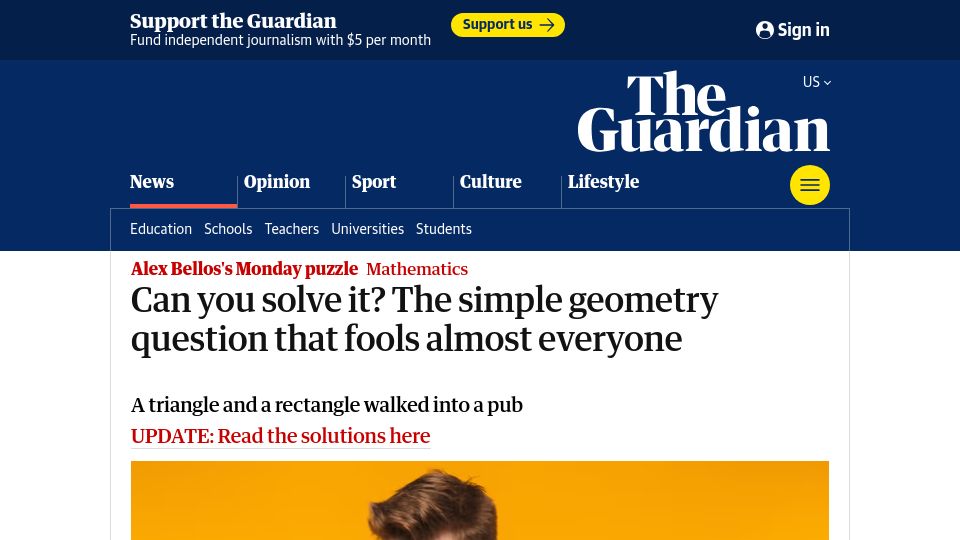 Screenshot of theguardian.com: A simple geometry question that fools almost everyone