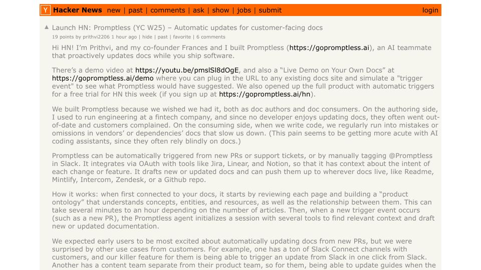 Screenshot of Hacker News post: Launch HN: Promptless (YC W25) – Automatic updates for customer-facing docs