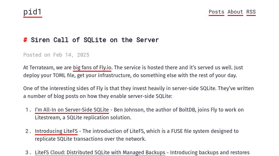 Screenshot of pid1.dev: Siren Call of SQLite on the Server