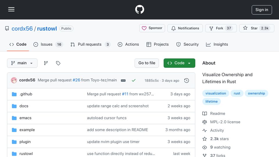 Screenshot of github.com: Visualize Ownership and Lifetimes in Rust