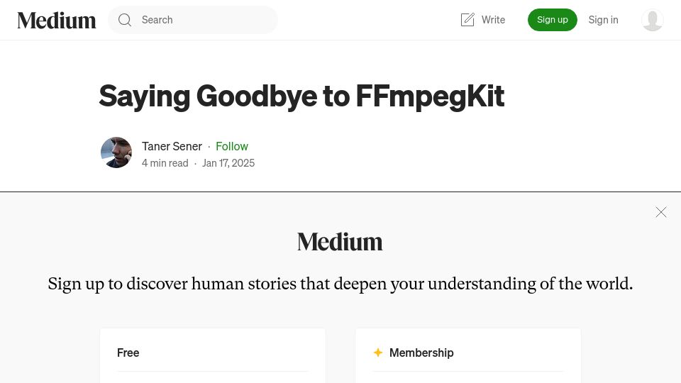 Screenshot of tanersener.medium.com: Saying goodbye to FFmpegKit