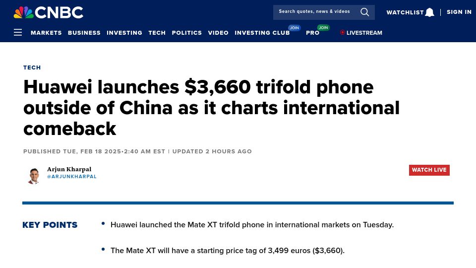 Screenshot of cnbc.com: Huawei launches $3,660 trifold phone