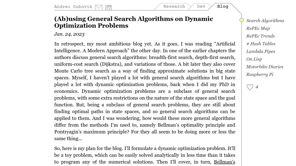 Screenshot of dubovik.eu: (Ab)using general search algorithms on dynamic optimization problems (2023)