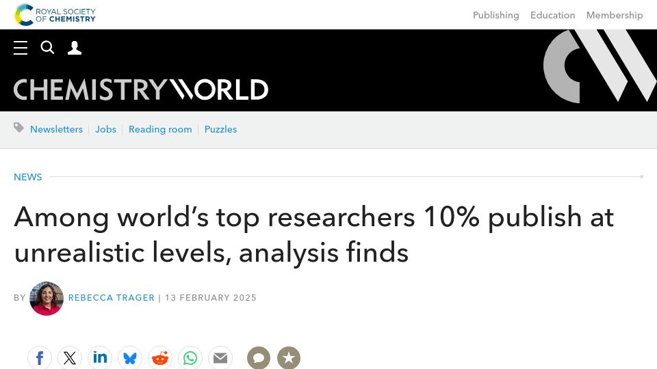 Screenshot of chemistryworld.com: Among top researchers 10% publish at unrealistic levels, analysis finds