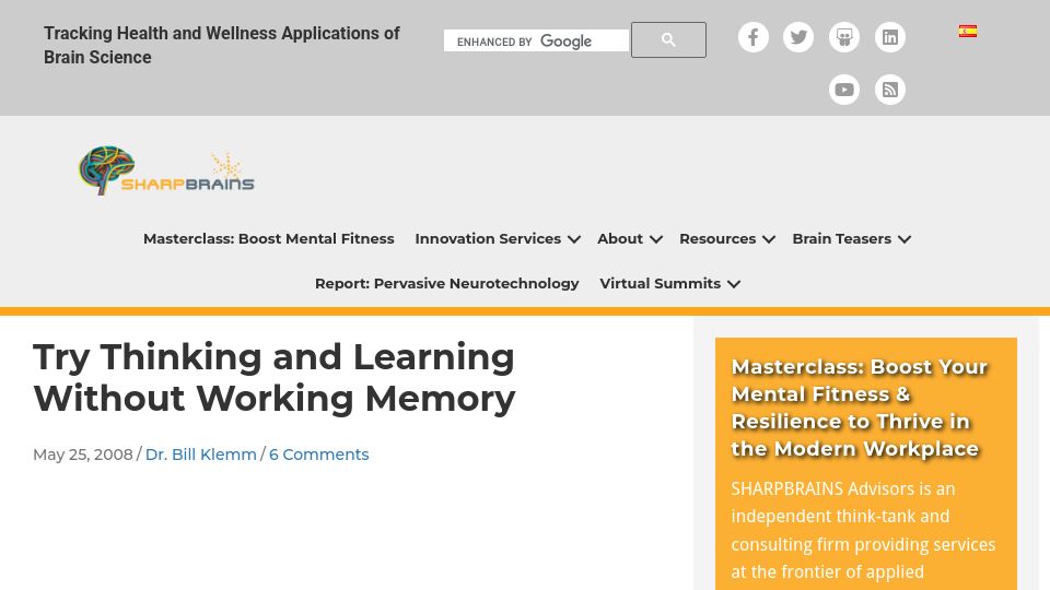 Screenshot of sharpbrains.com: Try thinking and learning without working memory (2008)