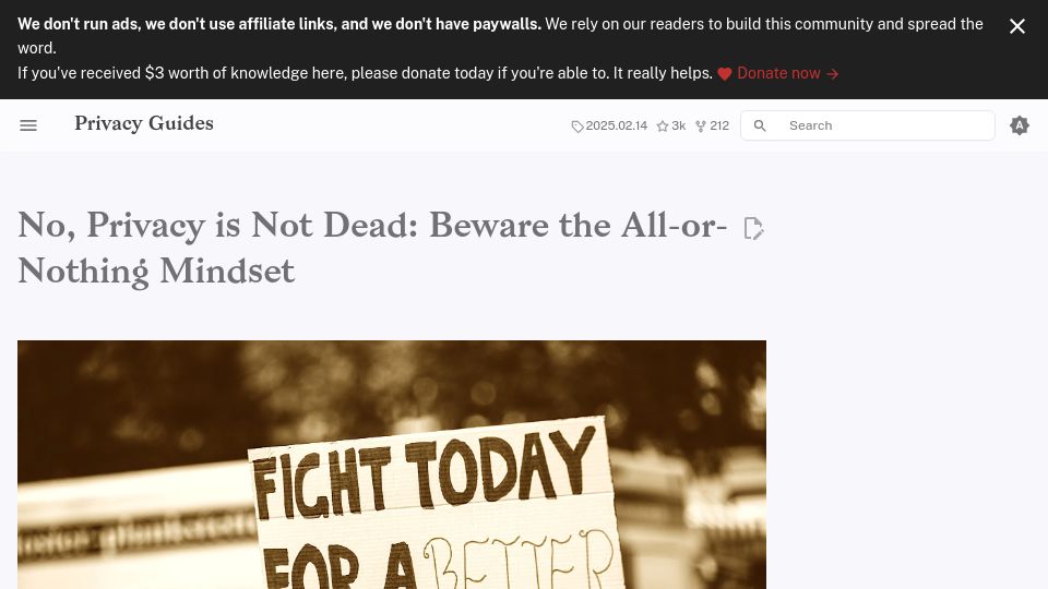 Screenshot of privacyguides.org: Privacy Is Not Dead: Beware the All-or-Nothing Mindset