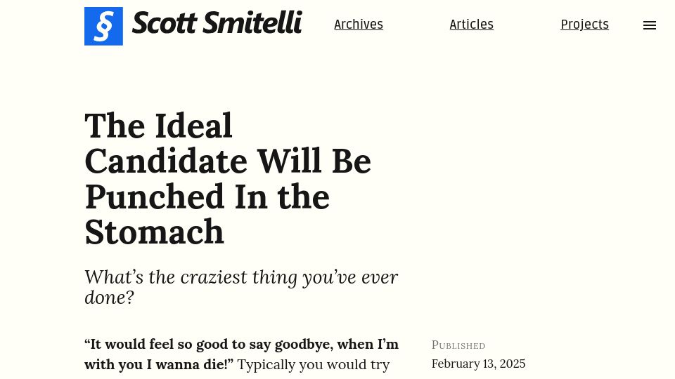 Screenshot of scottsmitelli.com: The ideal candidate will be punched in the stomach