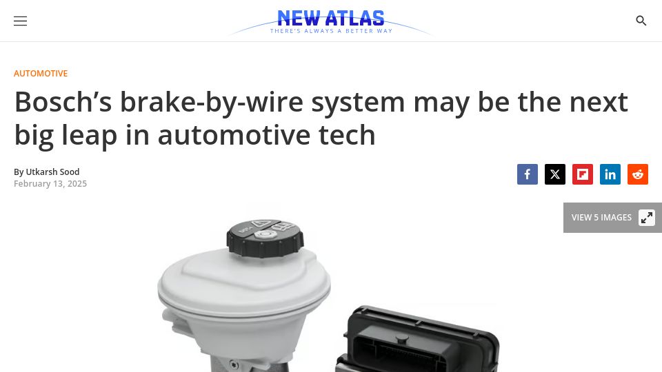 Screenshot of newatlas.com: Bosch's brake-by-wire system may be the next big leap in automotive tech