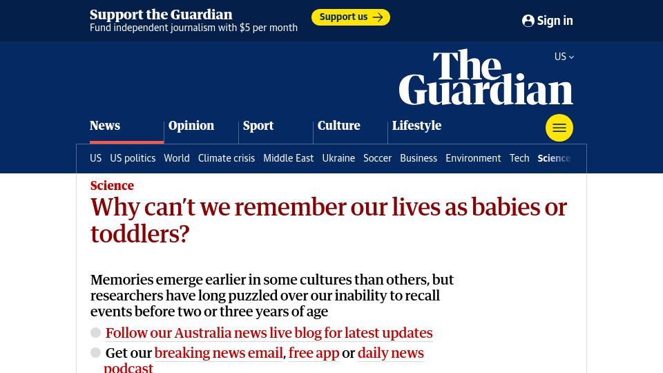 Screenshot of theguardian.com: Why can't we remember our lives as babies or toddlers?