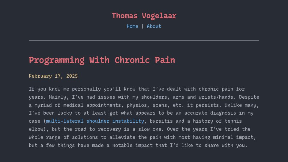 Screenshot of thomasvogelaar.me: Programming with chronic pain