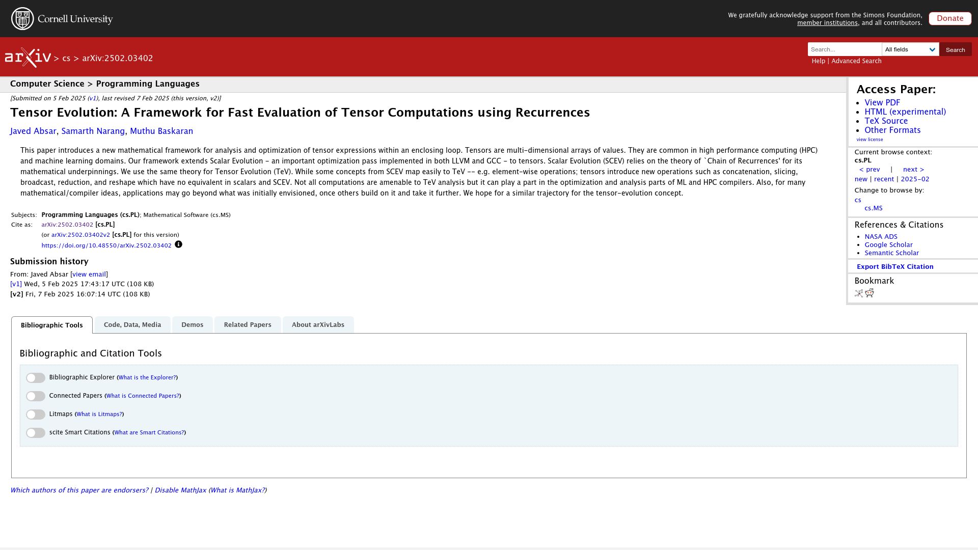 Screenshot of arxiv.org: Tensor evolution: A framework for fast tensor computations using recurrences