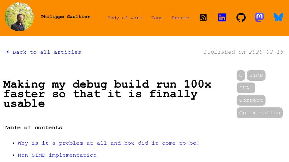 Screenshot of gaultier.github.io: Making my debug build run 100x faster so that it is finally usable