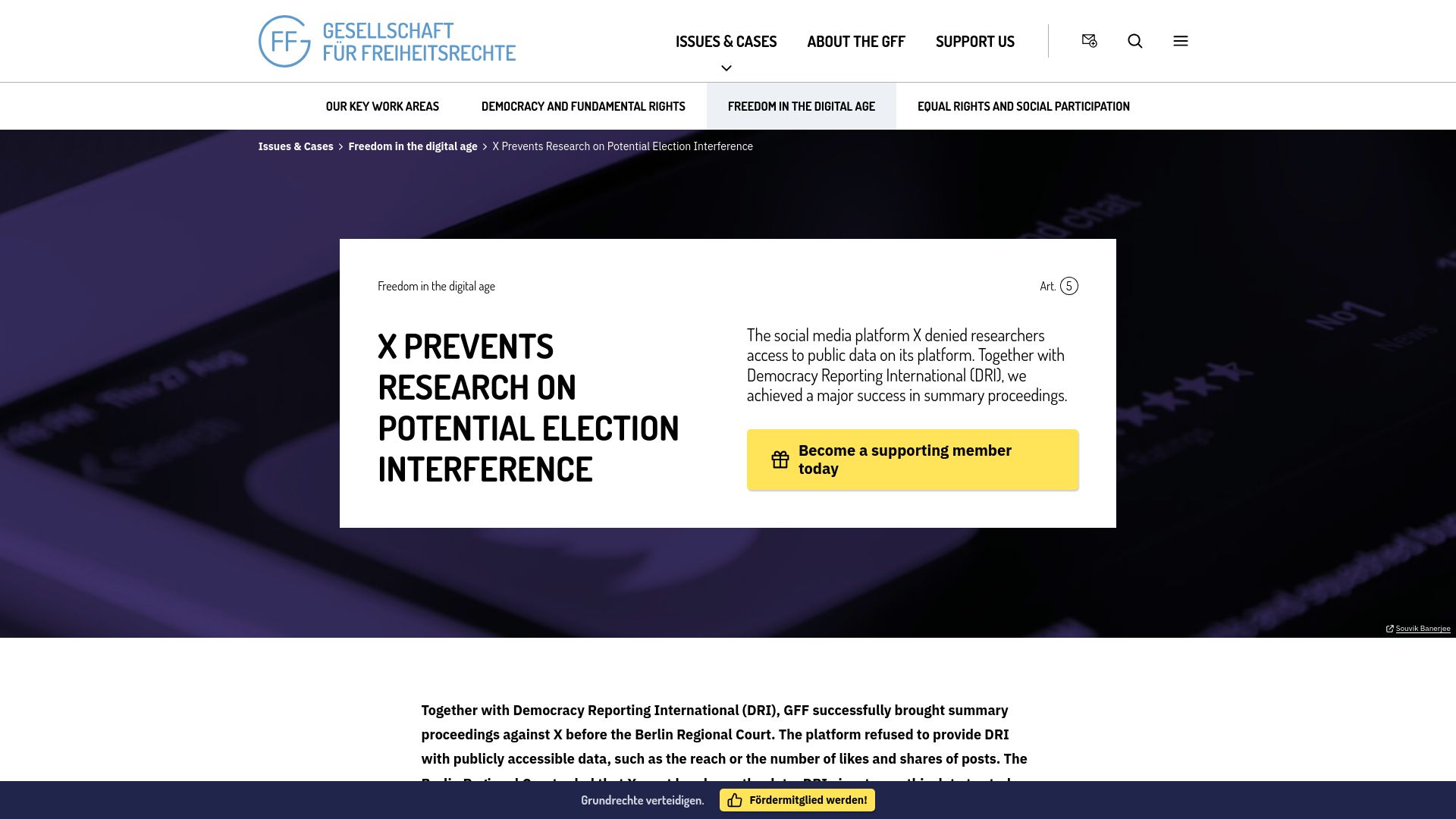 Screenshot of freiheitsrechte.org: X Prevents Research on Potential Election Interference