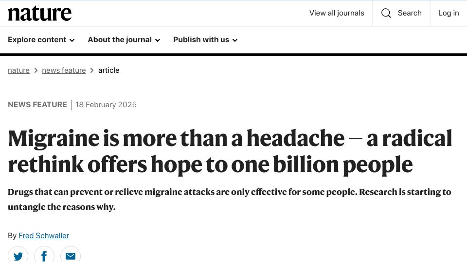 Screenshot of nature.com: Migraine is more than a headache – a rethink offers hope