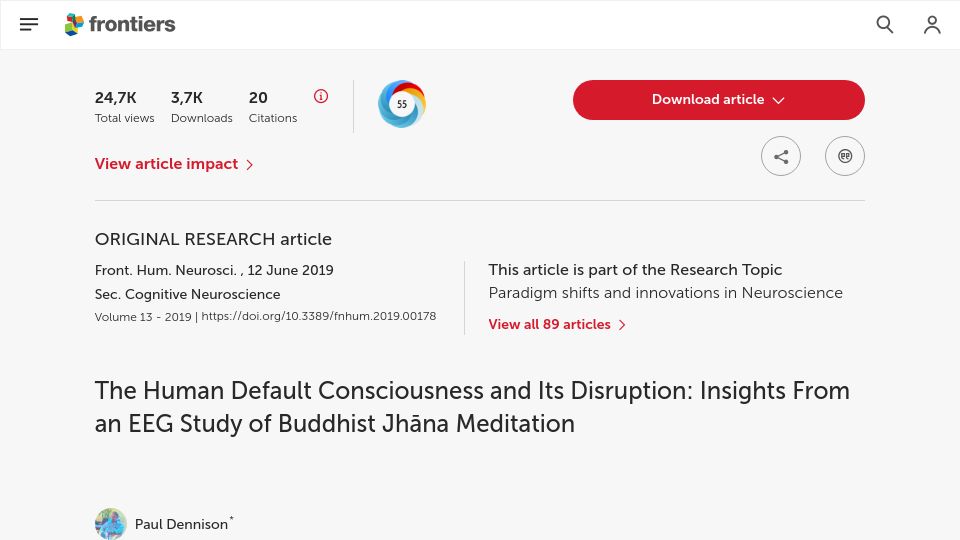 Screenshot of frontiersin.org: EEG Study of Buddhist Jhāna Meditation (2019)
