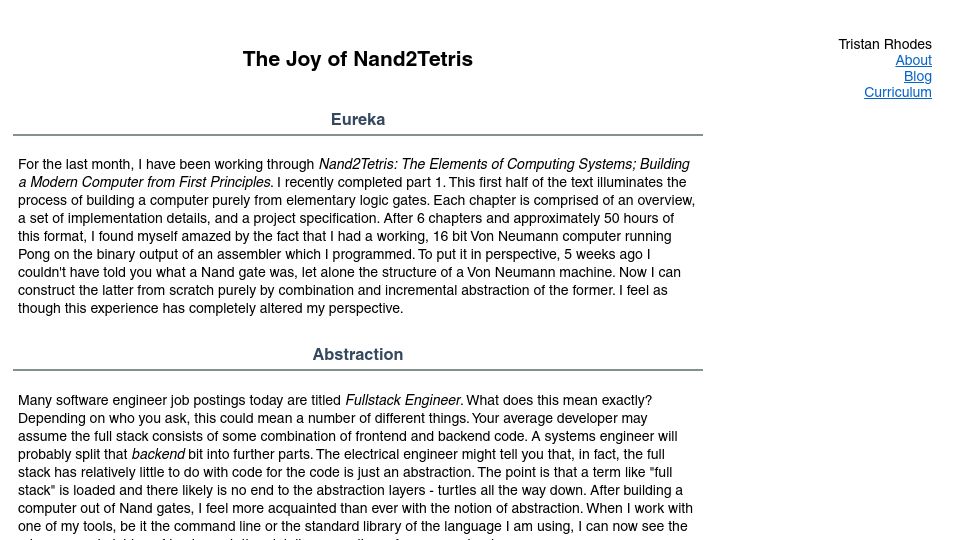 Screenshot of tristanrhodes.com: The Joy of Nand2Tetris
