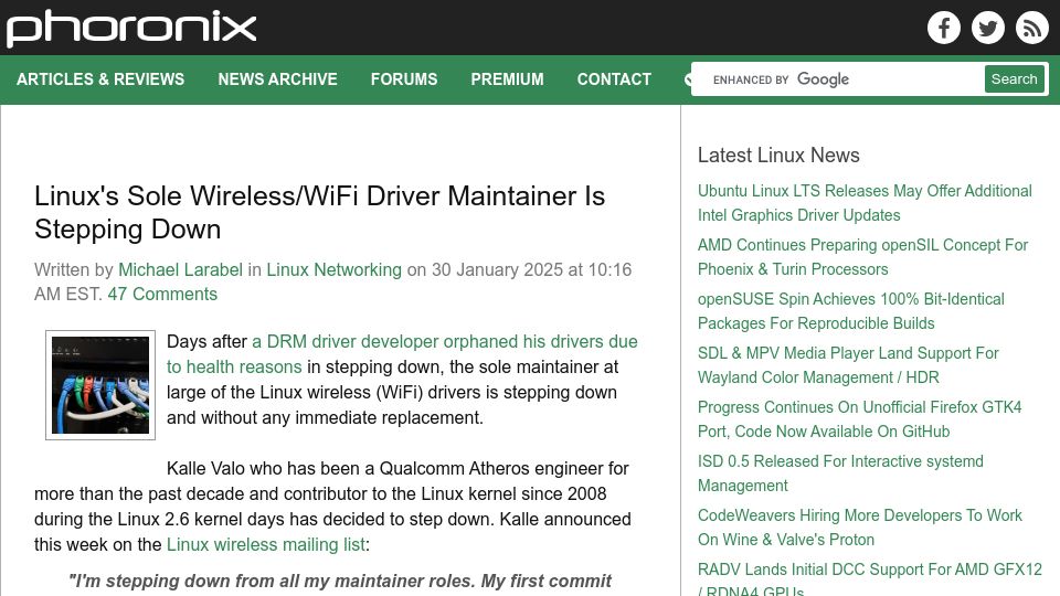 Screenshot of phoronix.com: Linux’s Sole Wireless/WiFi Driver Maintainer Is Stepping Down