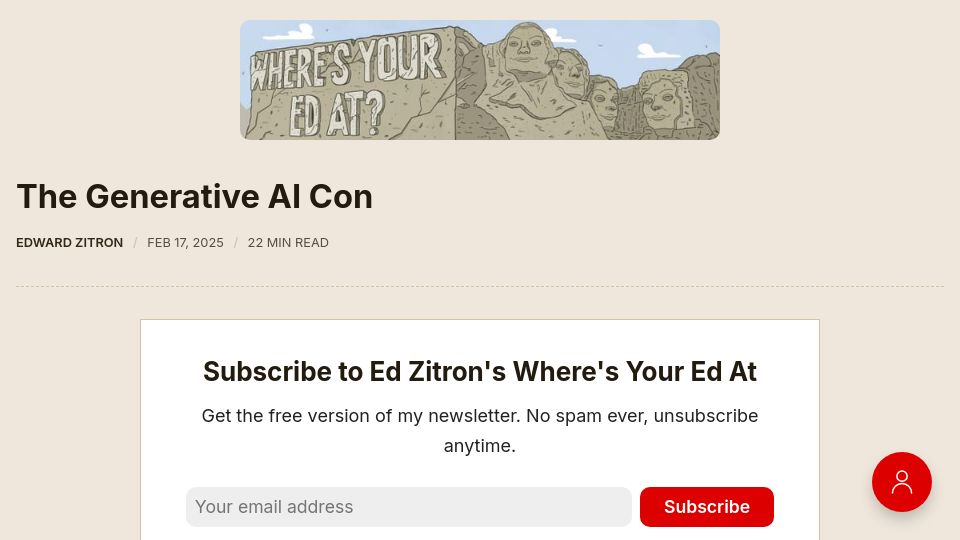 Screenshot of wheresyoured.at: The Generative AI Con