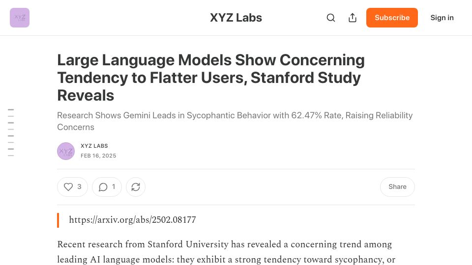 Screenshot of xyzlabs.substack.com: Large Language Models Show Concerning Tendency to Flatter Users