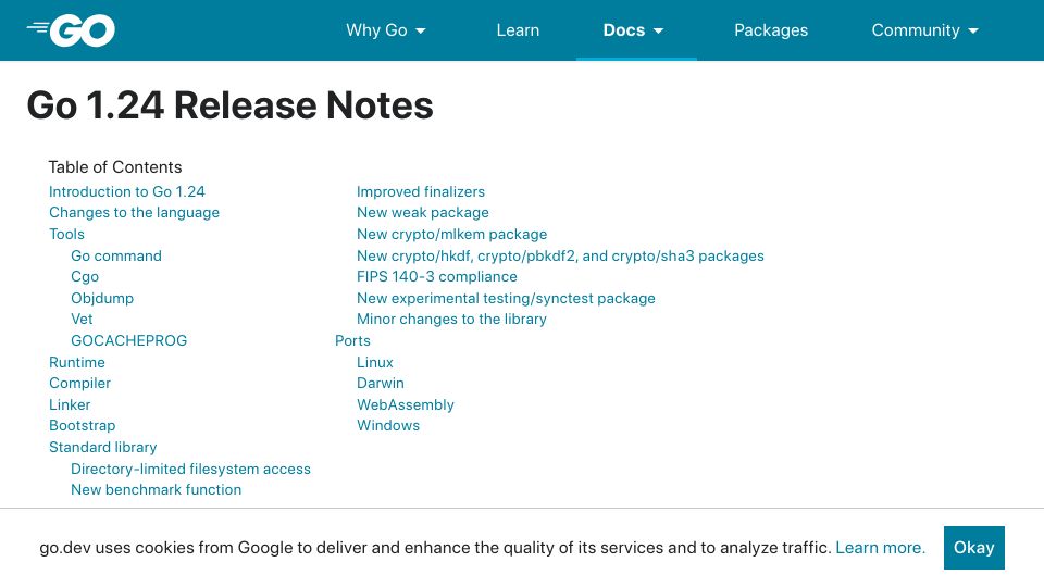 Screenshot of tip.golang.org: Go 1.24