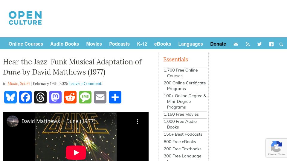 Screenshot of openculture.com: 1977 Jazz-Funk Musical Adaptation of Dune