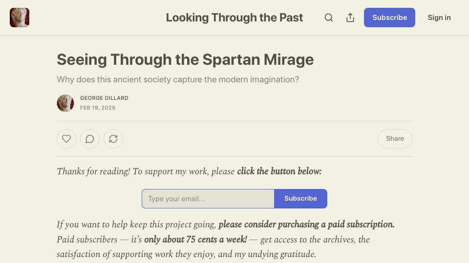Screenshot of worldhistory.substack.com: Seeing Through the Spartan Mirage