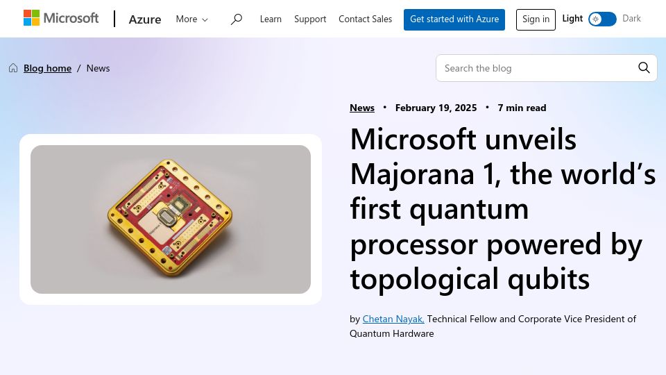 Screenshot of azure.microsoft.com: Microsoft unveils Majorana 1 quantum processor