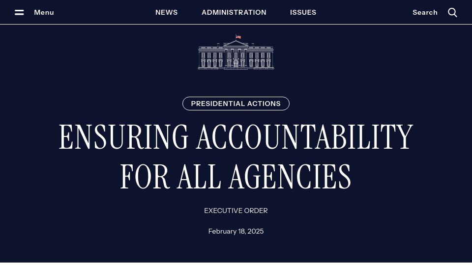 Screenshot of whitehouse.gov: "Ensuring Accountability for All Agencies" – Executive Order